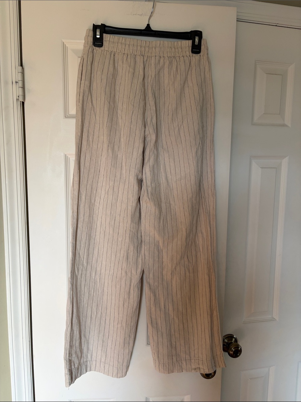 Maison D'Amelie Wide-Leg Linen Pinstripe Drawstring Pants in Beige - Picture 2 of 4